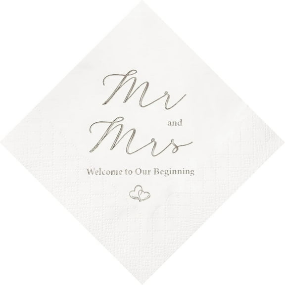 Silver Foil Mr and Mrs Wedding Cocktail Napkins 100 Counts for Wedding Party Reception Dessert Cake Table Decorations Welcome to Our Beginning Disposable Napkins, 3-Ply,