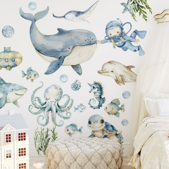 Ocean Animal Wall Decals – Removable Watercolor Sea Life Stickers with Whale, Turtle, Fish – Peel and Stick Nursery Wall Art for Boys and Girls