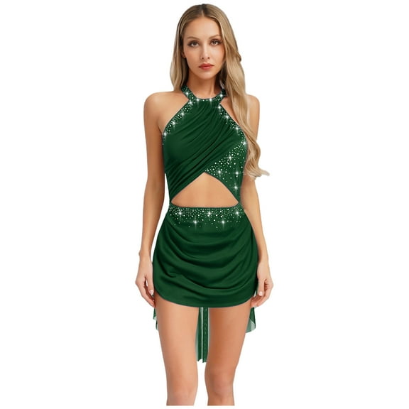 TiaoBug Shiny Rhinestone Lyrical Dance Dress for Women Sheer Mesh Cutout Straps Back Leotard Modern Dance Dress Green S