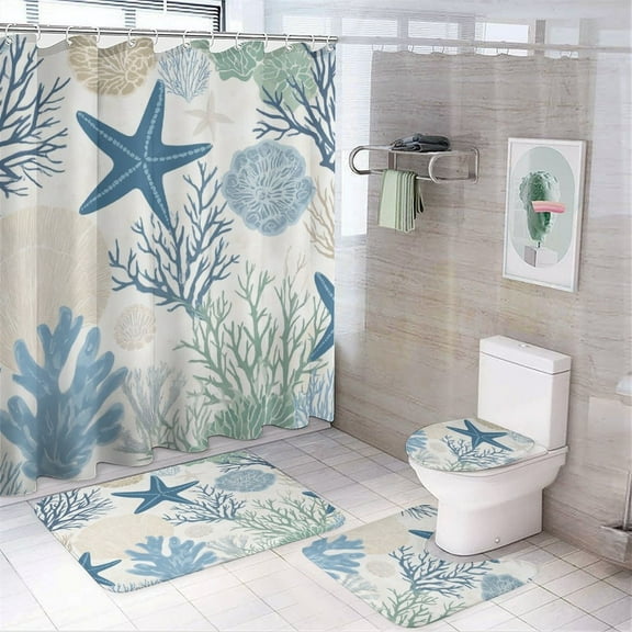 Summer Beach-1 Shower Curtain Bathroom Sets Toilet Lid Rug, Bath Mat And Contour Mat, Shower Curtain 4Pcs