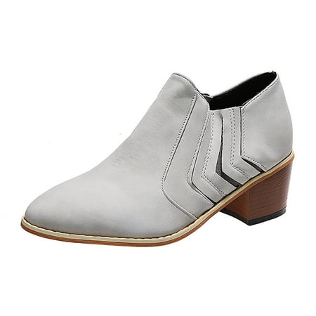 

iOPQO Women s Ankle Boots Women s Fashion Casual Roman Short Ankle Boots Heels Leather Shoes Ladies Retro Roman Style Slip-On Grey 37