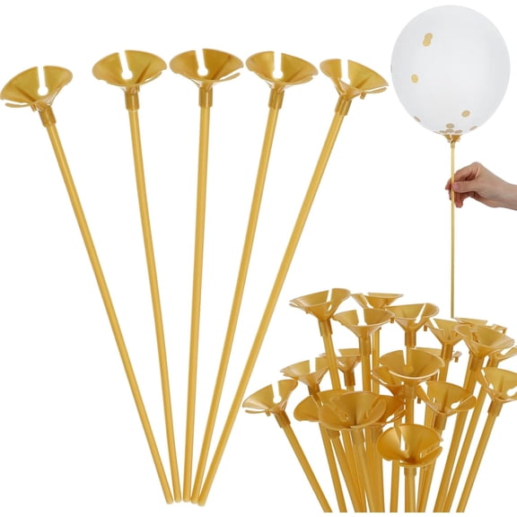 Gold Balloon Sticks, Plastic Balloon Stick with Bases, Balloon Holder Sticks Weights for Tying Balloons for Wedding Arch Anniversary, Birthday, Parties Decorations