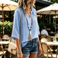 thumbnail image 5 of Women's Plus Size Gingham Blouses V Neck 3/4 Sleeve Loose Tunic Shirts Work office Casual Summer Tops Lightweight Everyday Plaid Shirts Blue, 5 of 7