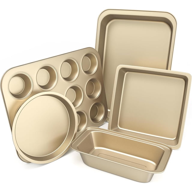 Baking Pans Set, 5-Piece Nonstick Bakeware Sets with Round/Square Cake Pan, Muffin Pan, Loaf Pan, Roast Pan, Baking Sheets for Oven, Kitchen Cookware Sets Baking Tray Baking Supplies,Gold