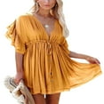 thumbnail image 2 of Women‘s Button Down V Neck Ruffle Mini Dress Casual Drawstring Waist Beach Short Dress with Pocket, 2 of 5