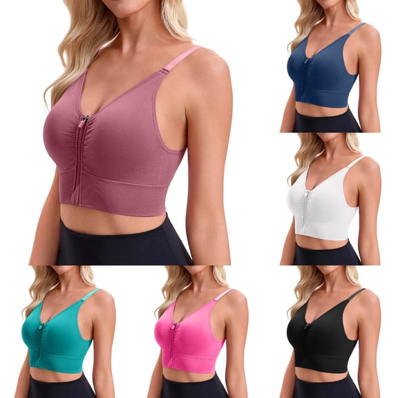 QATAINLAV Woman Zipper Front Sports Bras Solid Color Wireless Post-Surgery Bra Casual Adjustable Straps Yoga & Activewear Bralette Pink