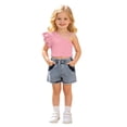thumbnail image 2 of Girls Summer Outfits 2 Piece Solid Print Crew Neck Sleeveless One Shoulder Ruffle Crop Top And Shorts for Summer Play Girls' Clothing Sets Pink 3-4 Years, 2 of 9