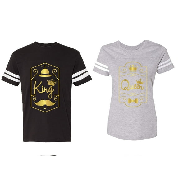 King Queen Pentagon Gold Matching Couple Cotton Jerseys (Men Black / Women Heather) (Men XL / Women L)