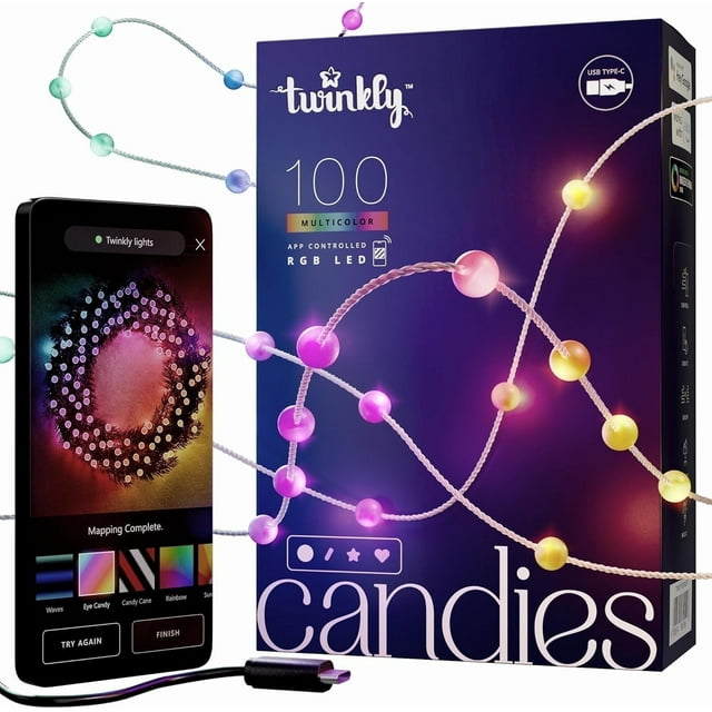 Twinkly Candies Paquete de 100 Luces de Cadena para Interiores, 19,7 Pies, Alimentación por Usb, Colores RGB, LED
