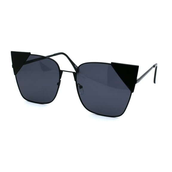 Womens Metal Rim Cat Eye Tip Rectangular Retro Sunglasses All Black