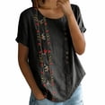 thumbnail image 3 of Womens Embroidered Tops Boho Peasant Gauze Blouses Flowy Tops For Women Solid Color Work Blouses Short Sleeve Henley Tops Lightweight Linen Blouses For Women Peasant Blouse Black 2XL, 3 of 9