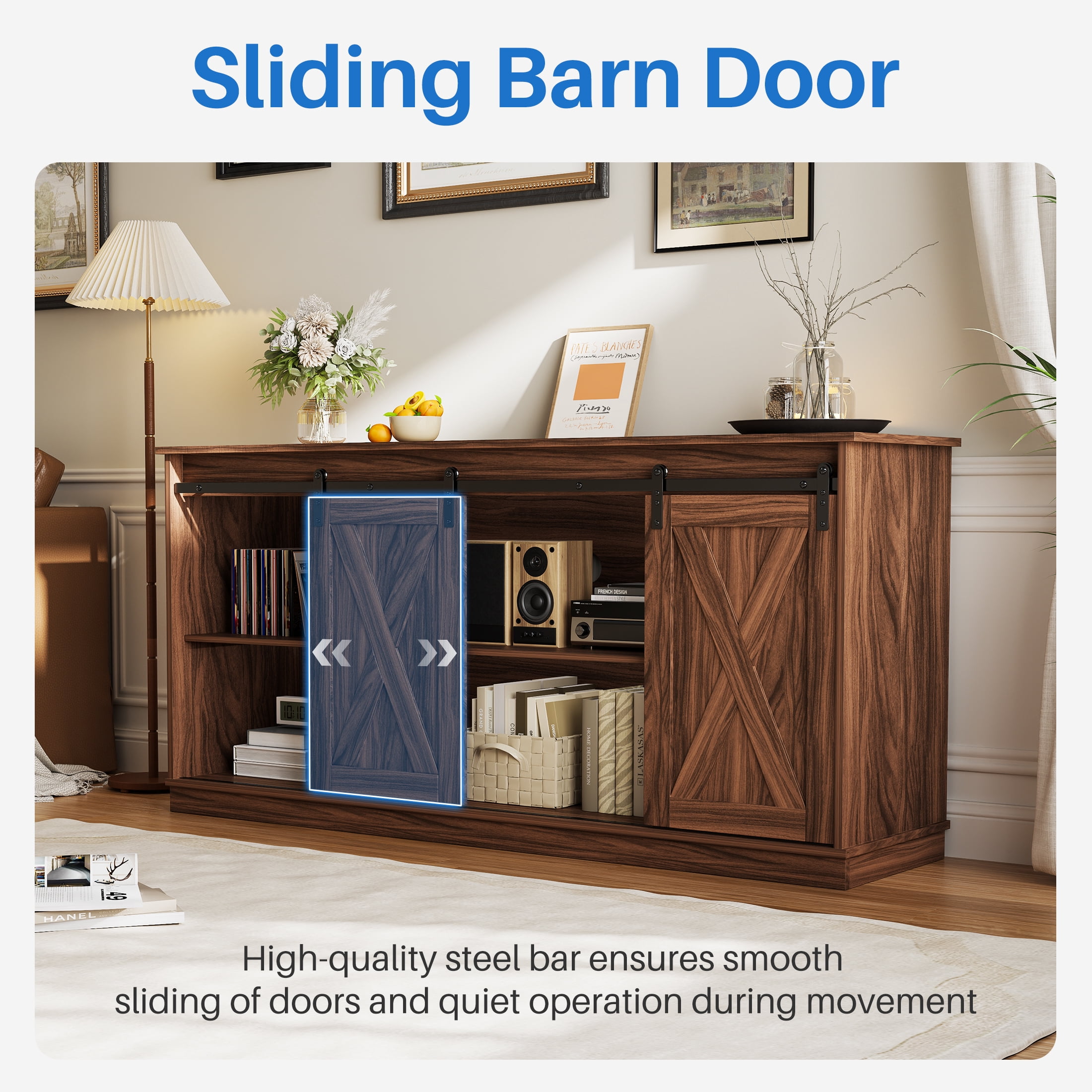 EDX TV Stand for 65" TV, Modern Entertainment Center for Living Room, TV Console Table with Storage Cabnets and Sliding Barn Doors, Rustic Brown