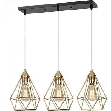 Three-Headed Pendant Light Gold Hanging Light Fixture with 5 Ft Plug in Cord on/off Switch Vintage Metal Cage Pendant Light Fixtures