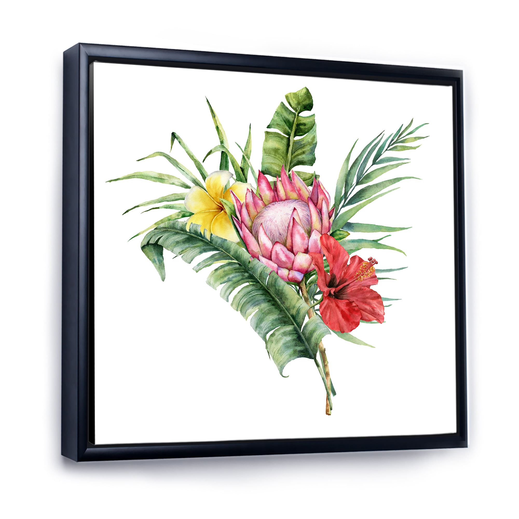 Flowers Bouquet With Protea Plumeria Hibiscus 36 in x 36 in Framed Painting Canvas Art Print, by Designart