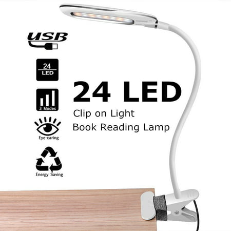 Clip on Light LOFTER LED Desk Lamp  24 Eye-Care LED (12 Cool White LEDs, 12 Warm White LEDs) Flexible Children Book Reading Bedside Bed Bedroom Craft Music Stand Clamp USB Table Lamp 5W