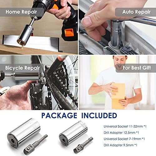 Universal Socket Set (11-32mm 7-19mm) Super Socket for Unscrew Any Bolt Multi-Function Universal Wrench Tool Kit with Power Drill Adapters Gifts for Men, Father/Dad, Husband, DIY Handyman 4PCS