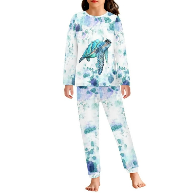 NETILGEN Sea Turtle Print Skin Friendly Pjs for Teen Girls 2 Pcs