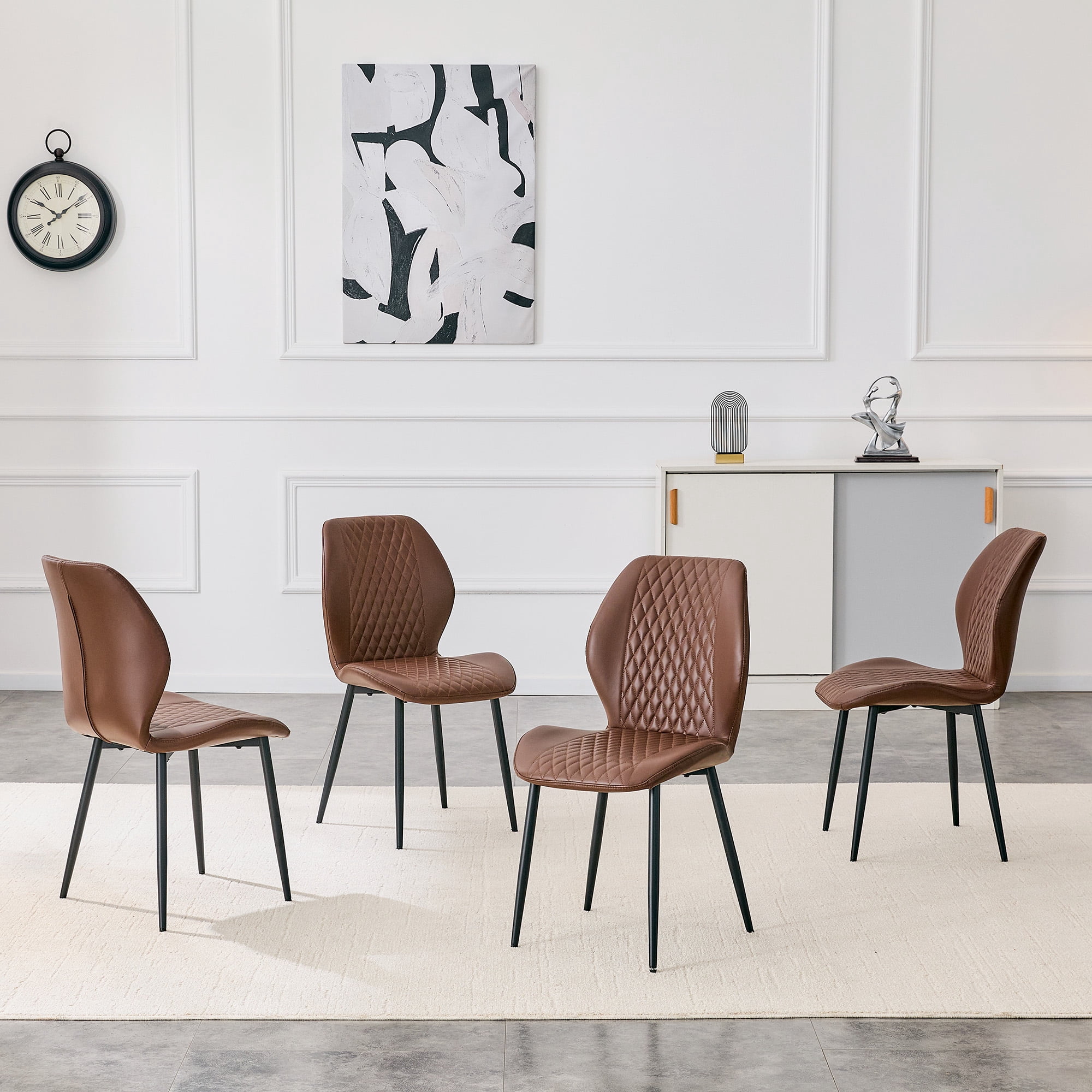 MOONMISS Dining Chairs Set of 4,Modern luxury Diamond-Quilted PU chairs with black metal legs for Dining Room Living Room,Brown