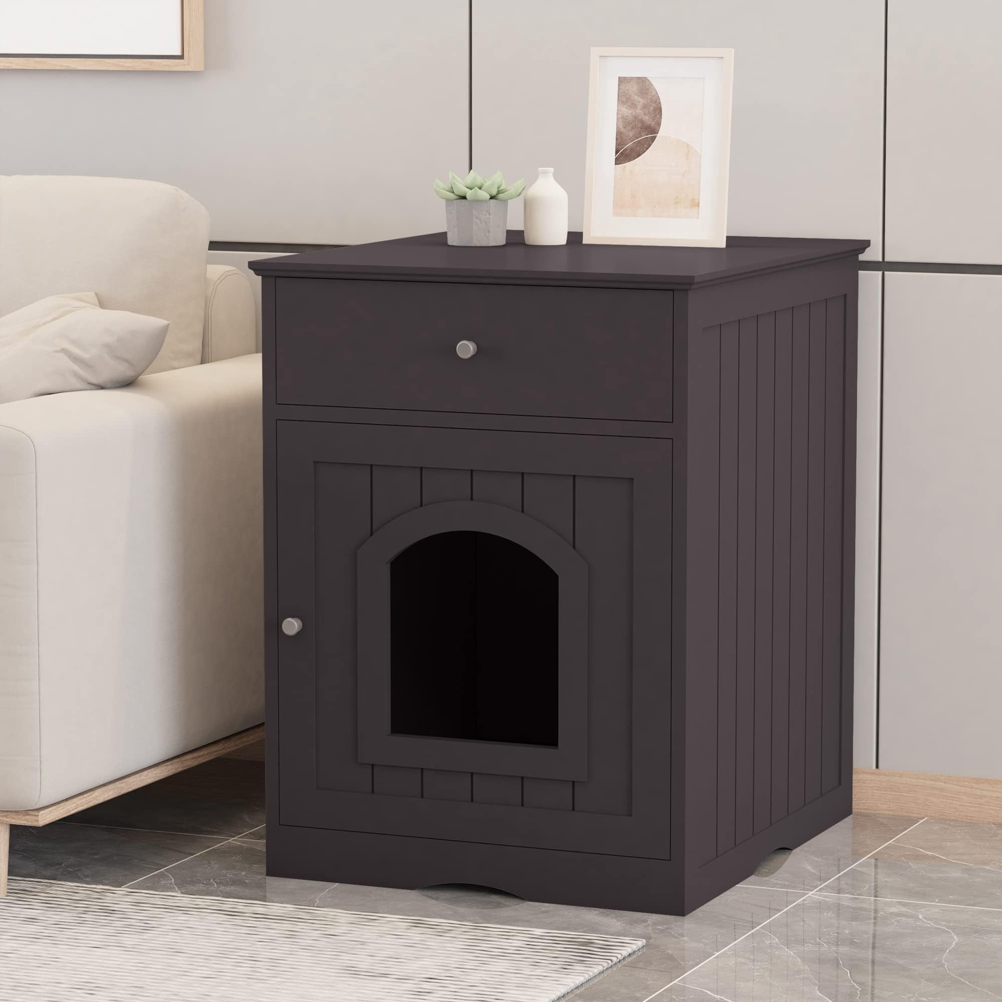 Cat Litter Box, Hidden Litter Box Furniture Cabinet with Drawer, Indoor Cat House Side Table, Kitty Puppy Litter Box