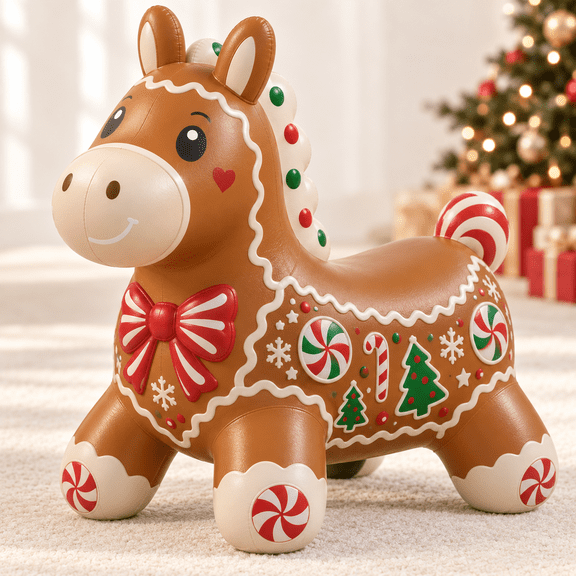 Christmas Animal Hopper Gingerbread Pony, Inflatable Bouncy Ride-On Novelty Toy with Peppermint Icing Design and Inflation Valve, Christmas Pretend Play Toy for Kids Holiday Gift