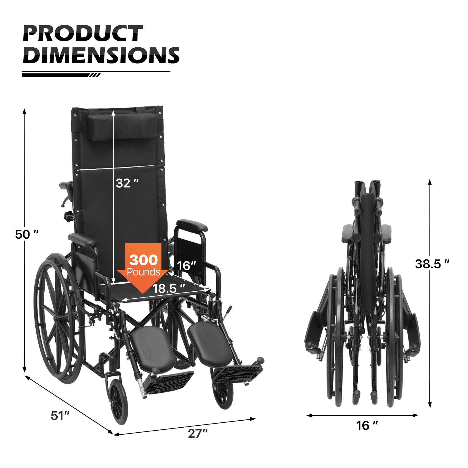 monicare *FDA APPROVED* Reclining Wheelchair with 24" Wheels, Recliner Folding Wheelchair with Swing Away Elevating Leg Rests, Detachable Armrests, Supports up to 300 lbs, Black