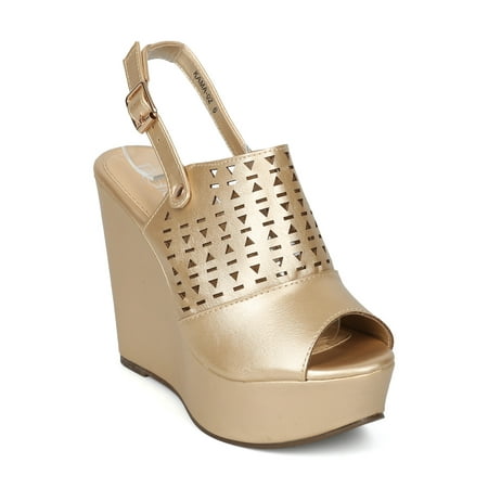 Slingback Cork Wedges - New Women Refresh Kama-02 PU Peep Toe Perforated Slingback Platform Wedge Sandal