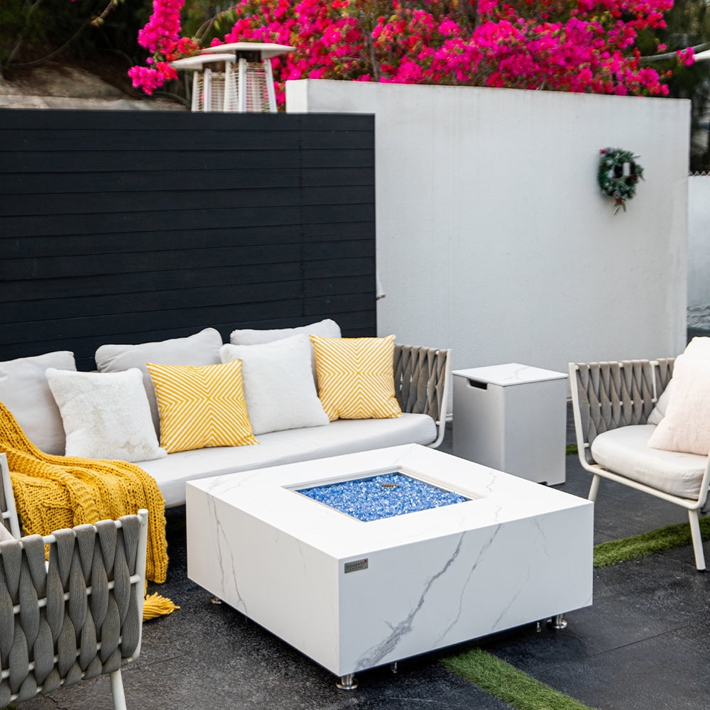 Elementi Plus Bianco Natural Gas Fire Pit for Outside Outdoor Fire Pit Table Smokeless Firepit Marble Porcelain Square Fire Table Patio Heater Fireplace 60000 BTUs - Bianco White, 39.4 x 39.4 Inches