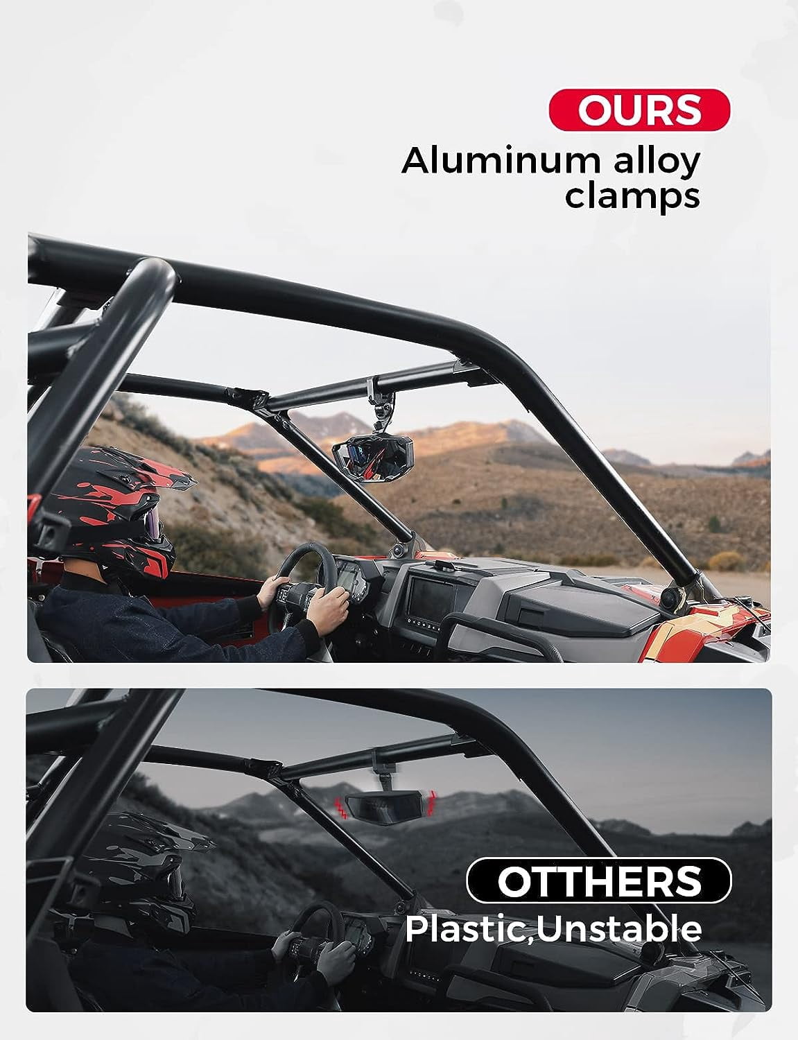 KEMIMOTO UTV Rear View Center Mirror w/ Light Heavy-Duty Compatible with 1.5" -2" Roll Bar Polaris RZR Kawasaki Mule Pioneer Talon Can Am X3