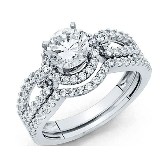 14k White Italian Solid Gold CZ Circle Halo Wedding Ring Duo Set