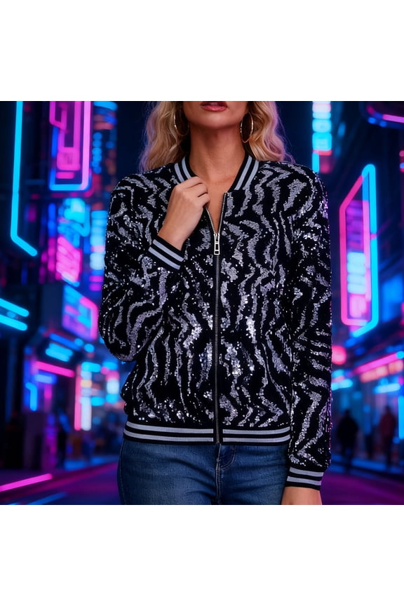 Women Sequin Jackets Crew Neck Long Sleeve Front Zip Short Cardigan Sparkly Shiny Glitter Party Outwear (S, Silver)