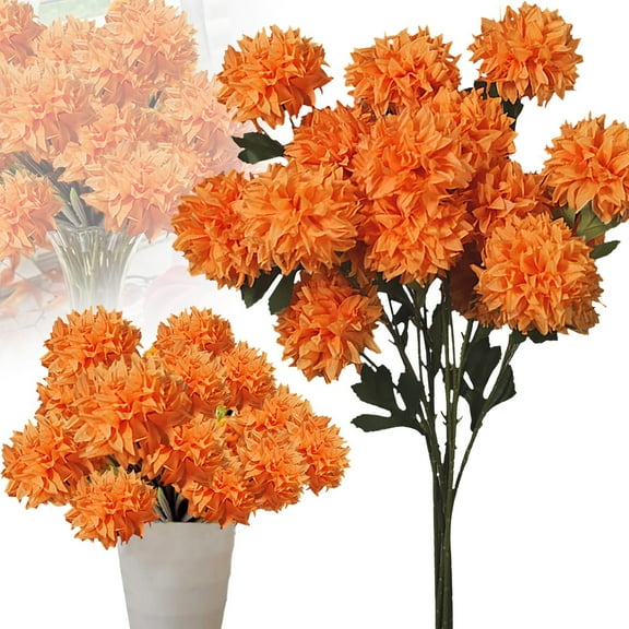 Artificial Fall Mums Flowers Faux Small Chrysanthemum Outdoor Plastic Plants Flower Autumn Home Kitchen Outside Porch Garden Pots Decoration (Orange)