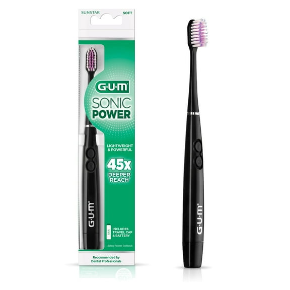 GUM Sonic Battery Powered Toothbrush, Tapered Bristles Clean Below the Gumline, Black, 1 Count.