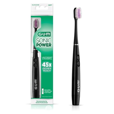 GUM Sonic Battery Powered Toothbrush with Tapered Bristles for Gumline Cleaning, Black, 1 Count