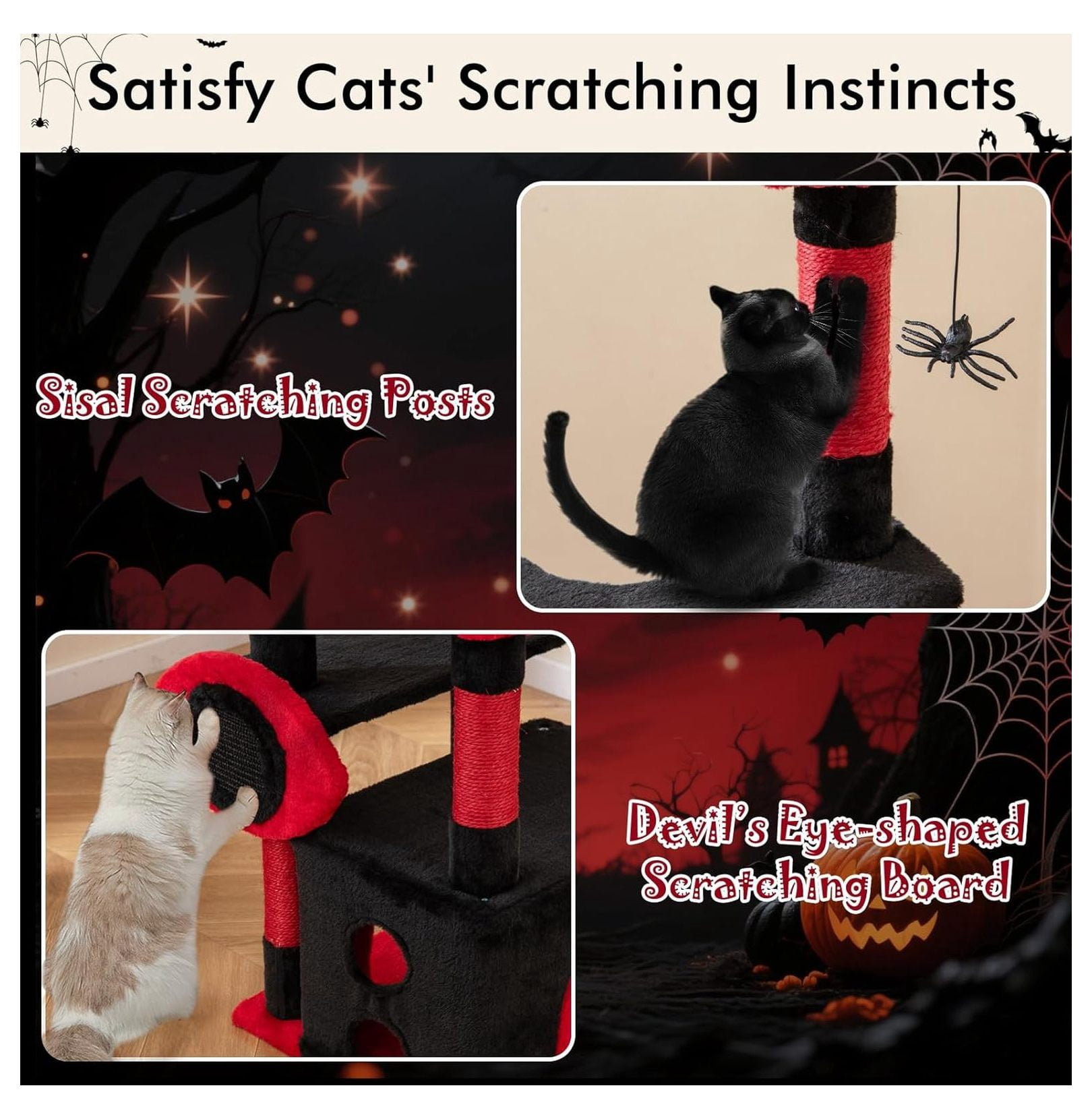 52 Inch Gothic Cat Tree Tower, Multi-Level Cat Tree with Scratching Posts, Hammock & Condo, Black Cat Furniture for Indoor Cats, Spider Toy Included