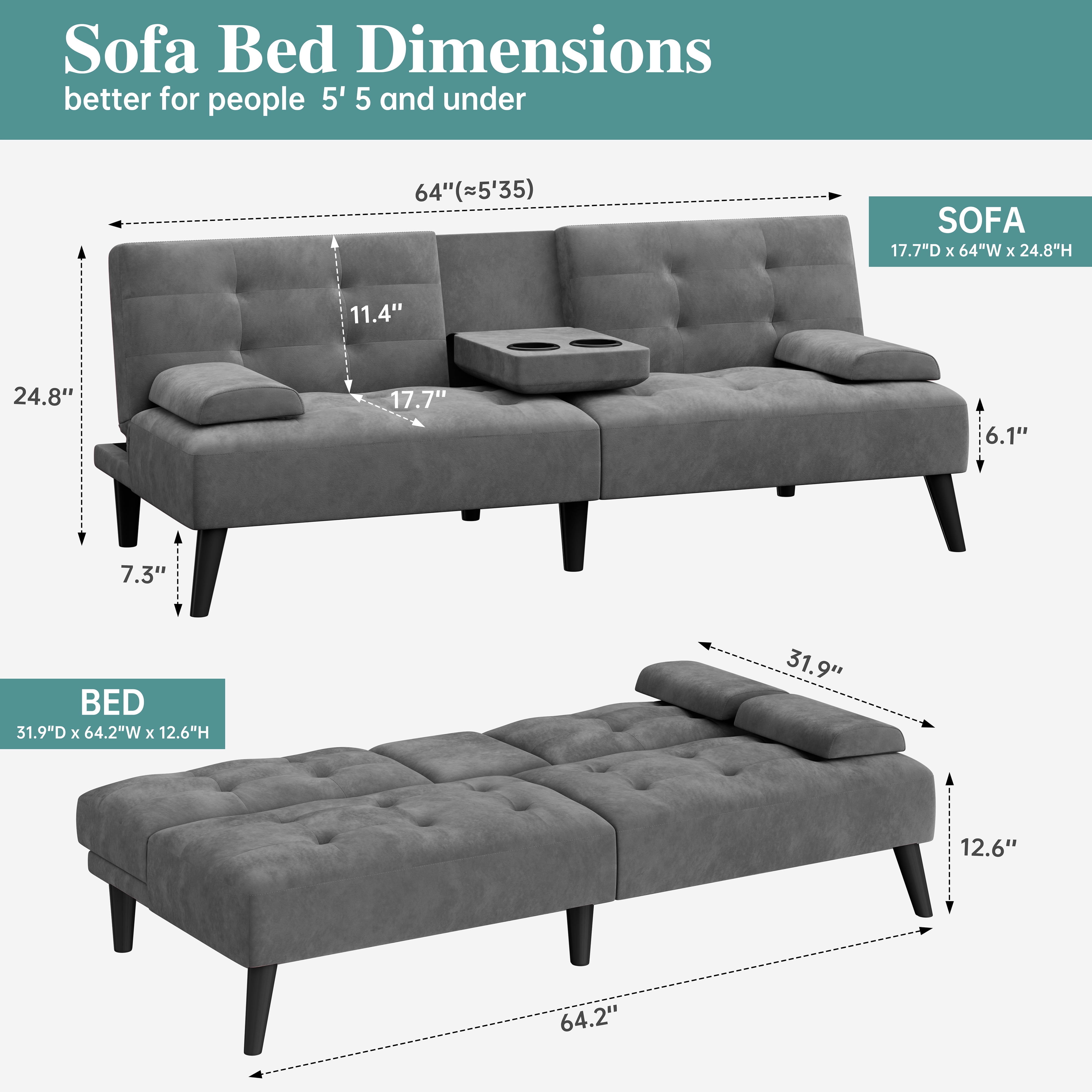 Walsunny 64" Sofa Bed Futon Couches, Folding Loveseat Recliner with 3-Angle Adjustment, Removable Arms 2 Cup Holders for Small Spaces,Gray