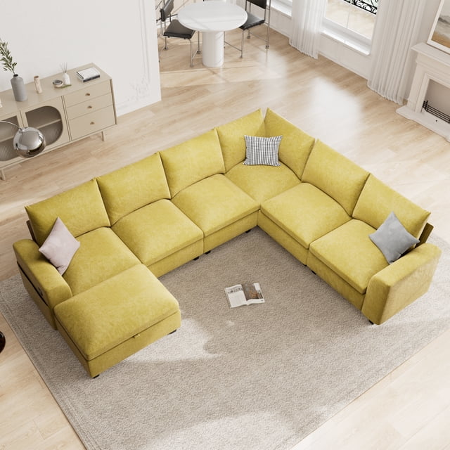 120.1" L Shaped Modular Sectional Sofa, 7 Seater Sectional Sofa with Storage Ottoman, L Shaped Cloud Couch Corner Sofa Oversized Modular Sectional Couch for Living Room (yellow)