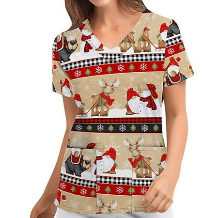 

Women Scrub_Top Christmas Trees Working Uniforms Short Sleeve V-Neck Cartoon Print Tunic Shirts Blouses Tshirts