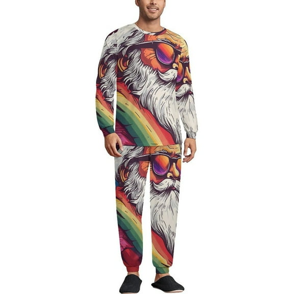 HOHOHO Gay Santa Rainbow Men's Pajama Set Sleepwear Pjs Lightweight Long Sleeve Crewneck Shirts and Bottoms Soft Comfy Sleep Sets XS