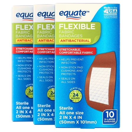 Equate Fabric Terra Cotta Antibacterial X-Large Bandages, 10 Count, 3 Pack