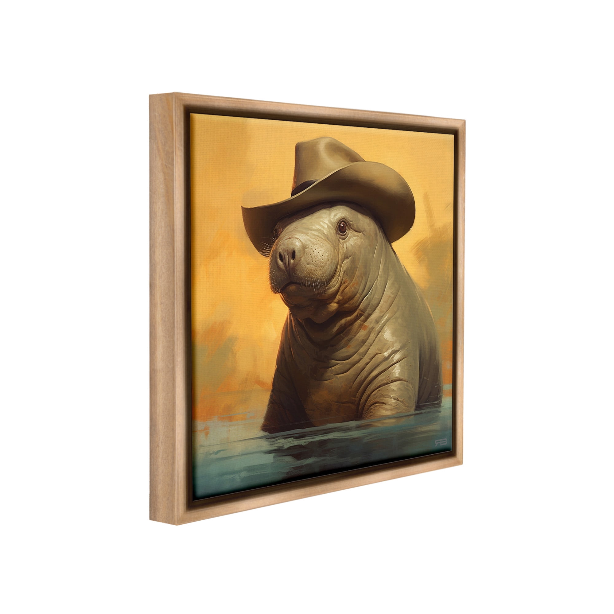 Stupell Industries Swimming Manatee with Hat Animals & Insects Painting Brown Floater Framed Canvas Art Print Wall Art, 18 x 18
