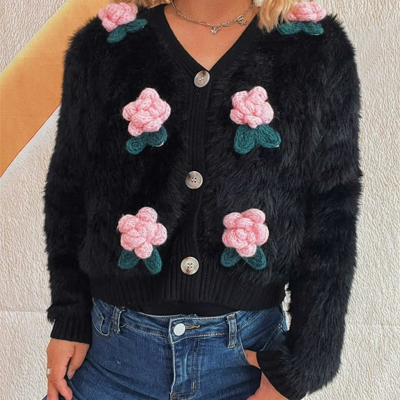 EchfiProm V Neck Crop Sweaters Women Black Lightweight Cardigan Knit Solid 3D Flower Comfy Long Sleeve Button down Sweater