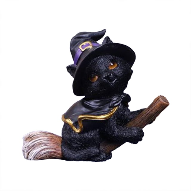 Broomstick Gato Resina Artefacto Sobremesa Lindo Halloween Decoraciones para el hogar