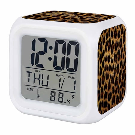 Leopard Digital Alarm Clock for Bedrooms, Smart LED Alarm Clock with 7 Color Changing Night Light, Brown Vintage Leopard Print Silent Wake Up Clocks for Sleep Study Cooking 3.2x3.2