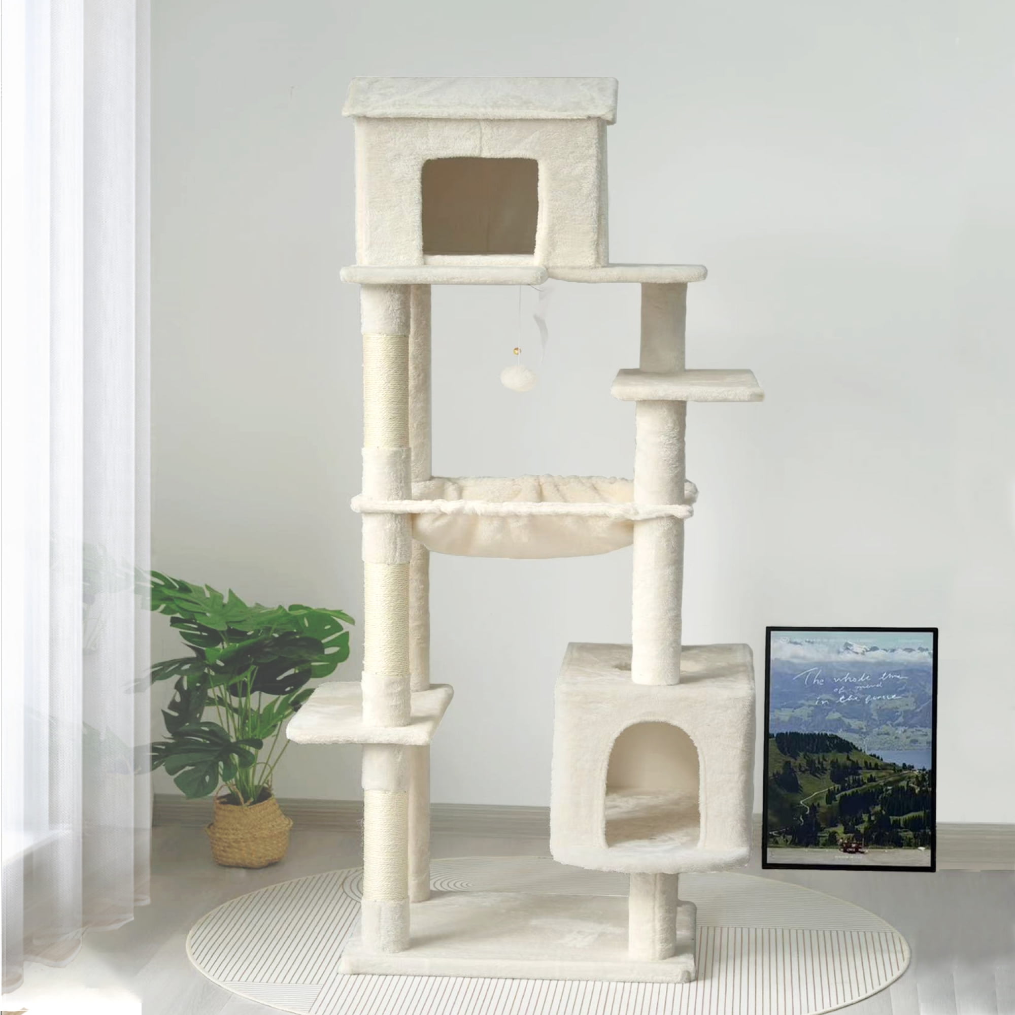 Jopath Multilevel Cat Tree Beige Multi-Level Cat Tree with Unique Cat House, Hammock, Scratching Posts - Plush Cat Tower for Indoor Cats, Ideal for Multiple Cats 64in