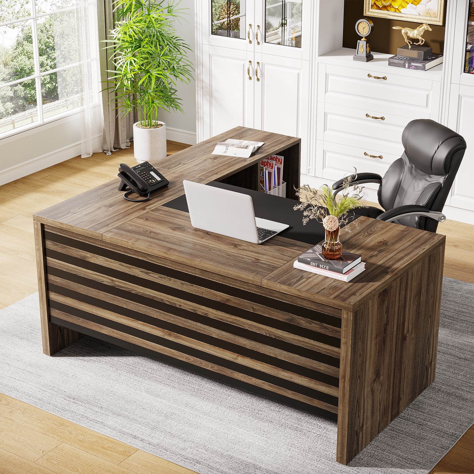 Tribesigns 62.2" Executive Desk with Storage Shelves, L-Shaped Office Desk with Mobile File Cabinet, Large Office Desk for Home Office, Light Brown
