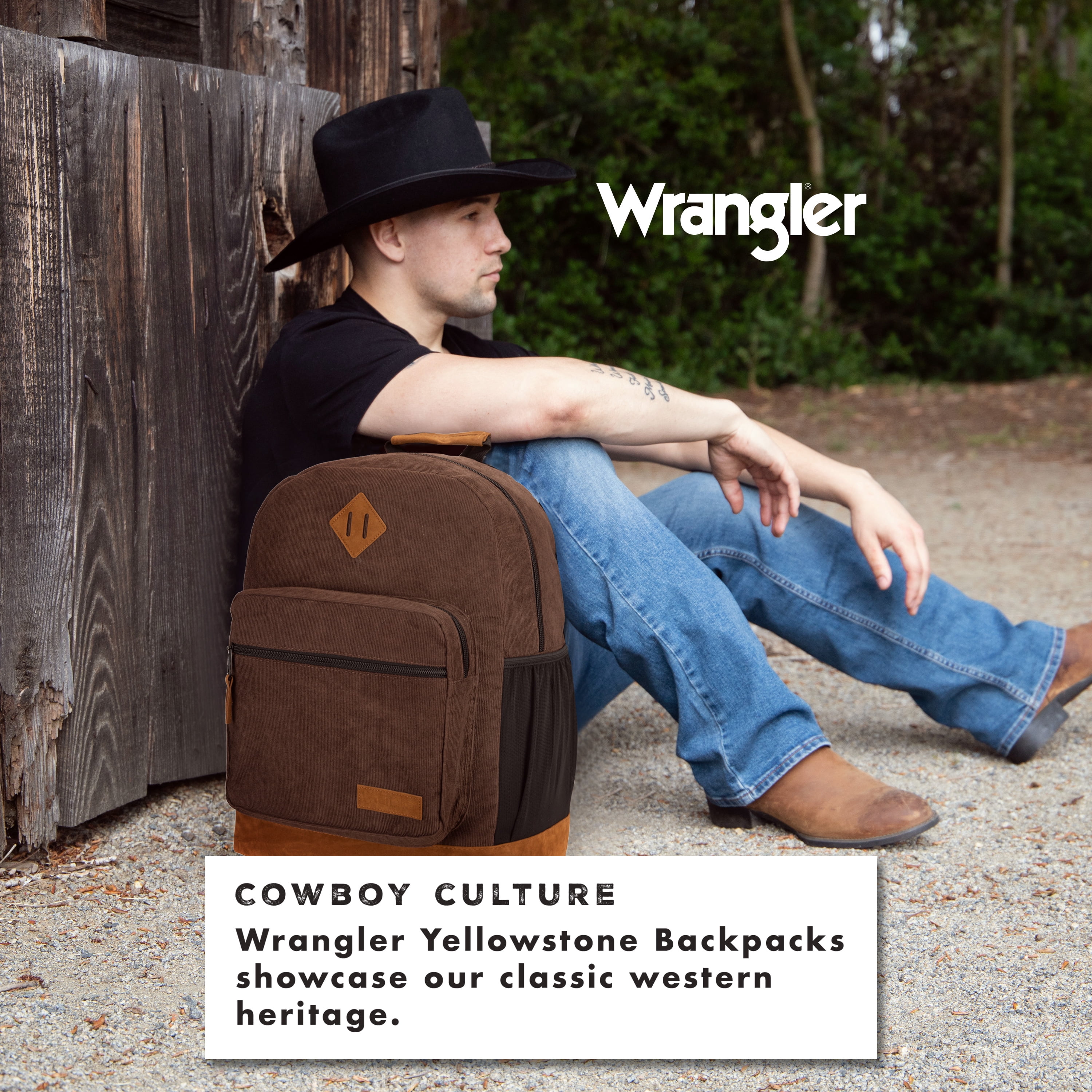 Wrangler Yellowstone Backpack, Classic Logo Resistant Padded Sleeve, All Ages, Dark Brown Cord