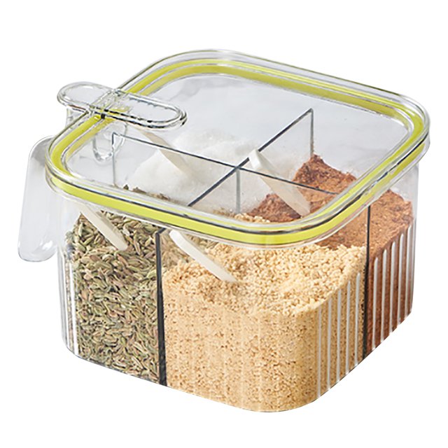 Contenedor transparente de 4 rejillas para condimentos, para cocina, con tapa y cuchara, transparente y verde.