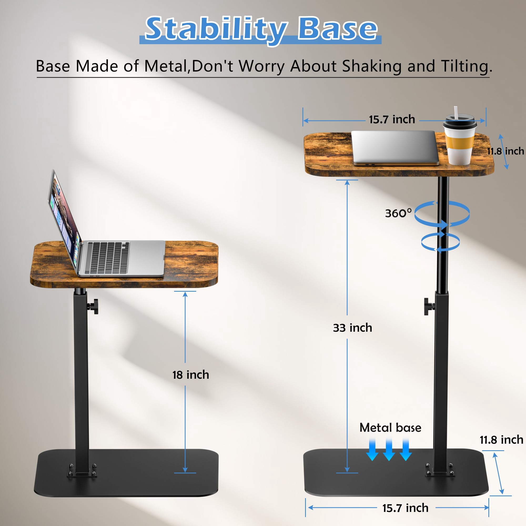 Adjustable Height C Shaped End Table, 360° Swivel Vintage Rustic Wood End Table, Includes Tablet Phone Slot Laptop Snack Side Table for Living Room Bedroom Small Space