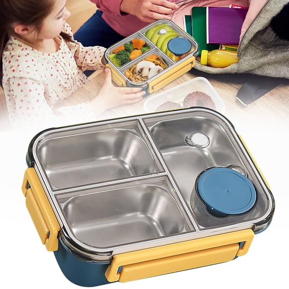 Bento Lunch Box, 304 Stainless Steel Portable Leakproof Lunch Food Containers Set with 3 Compartment for Adults - with Soup Bowl, Gift for Friends, Family, 8.9x6.5x2.8"