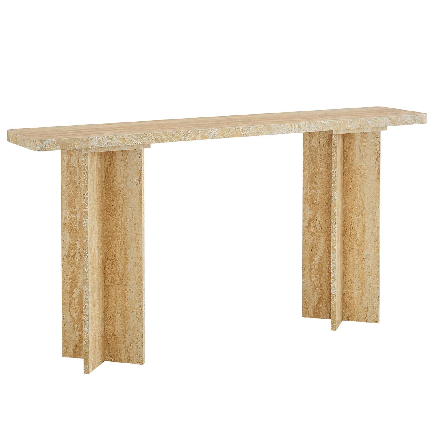 Demi Bonn 62" Modern Wooden End Table, Geometric Base, Sleek Console Table for Living Room, Brown